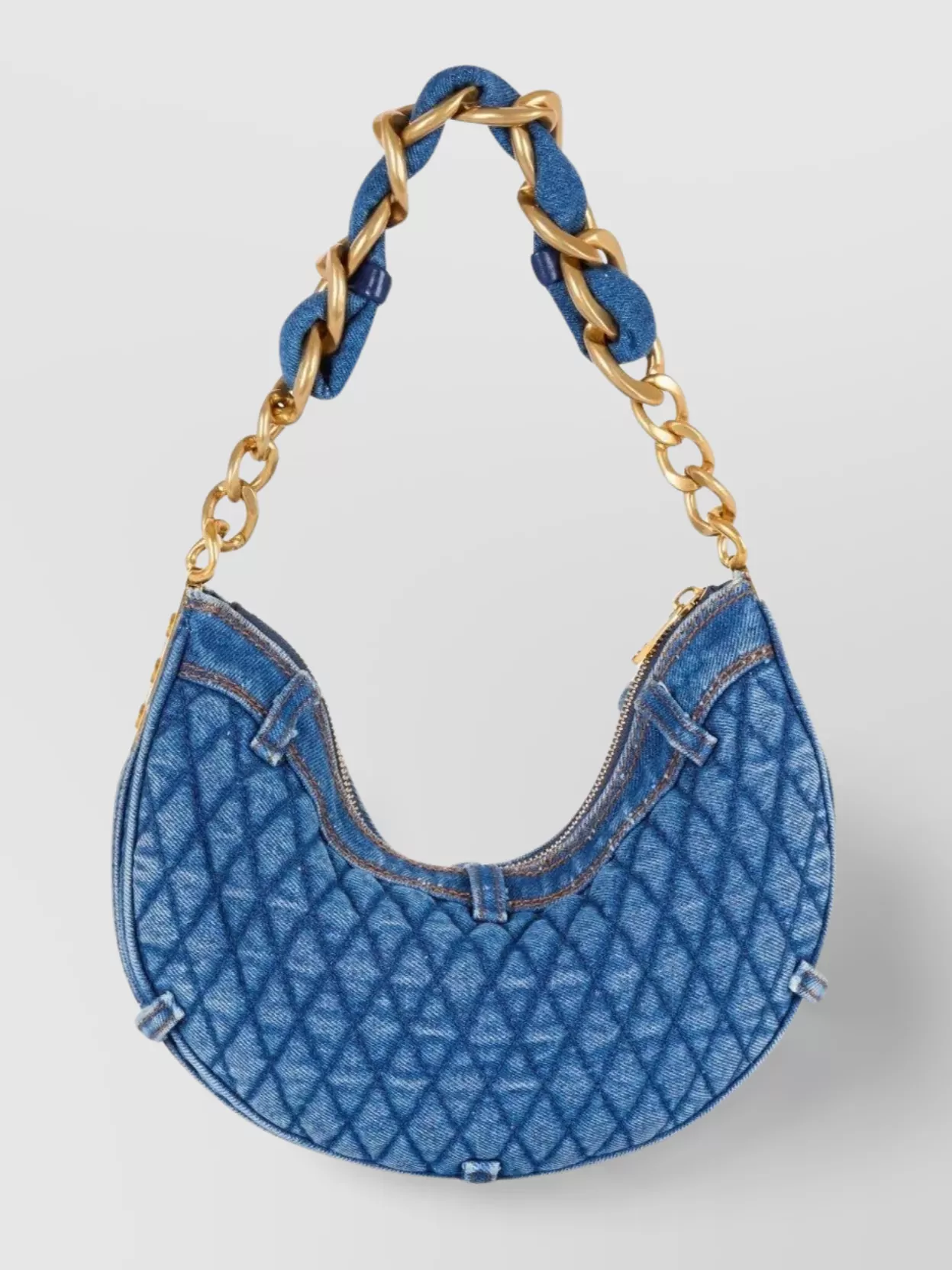 Balmain 1945 Denim Quilted Moon Bag In Blue
