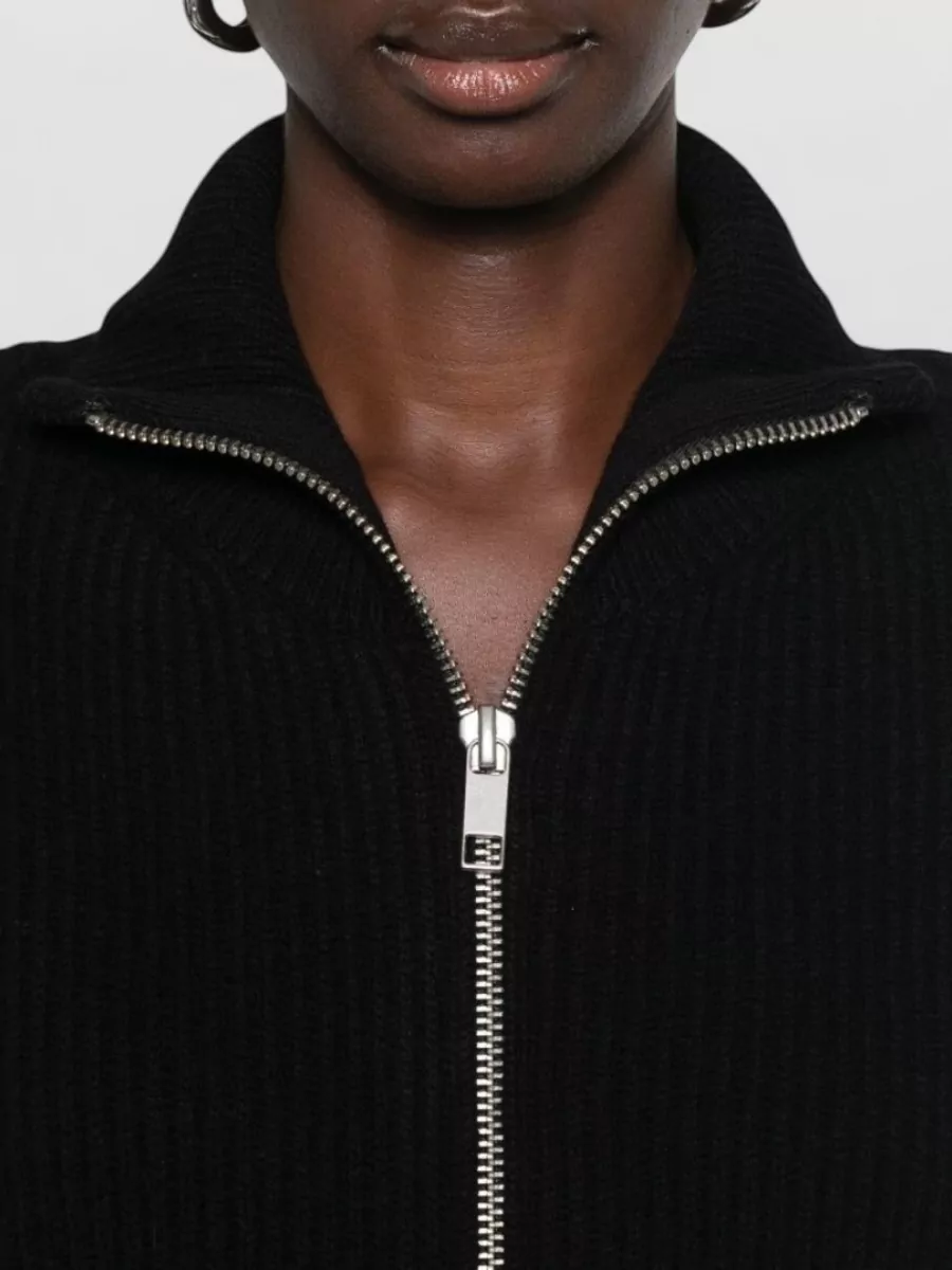 The Frankie Shop Wool Ribbed Long-Sleeve High-Neck Single-Breasted Coat