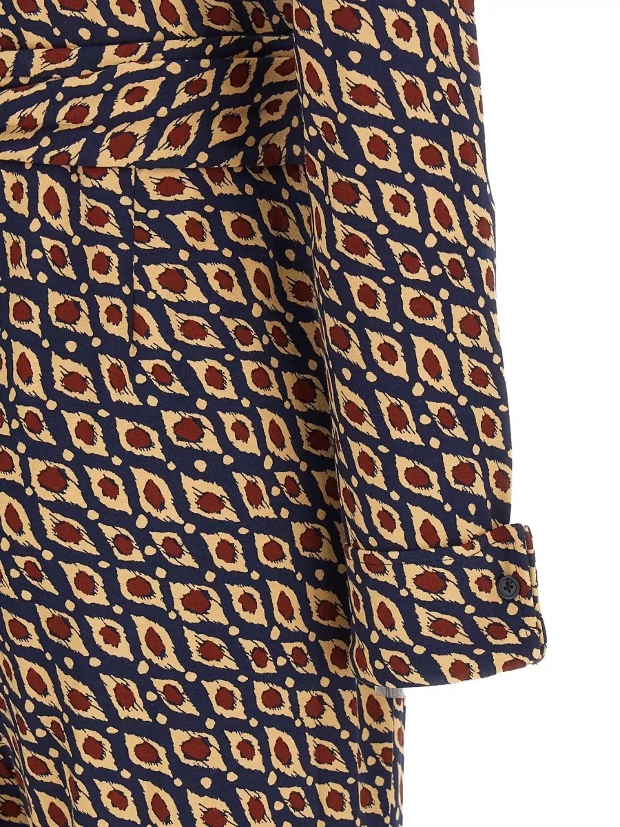 Diane Von Furstenberg Printed Long-Sleeve Shirt-Collar Belted Flared Jumpsuit