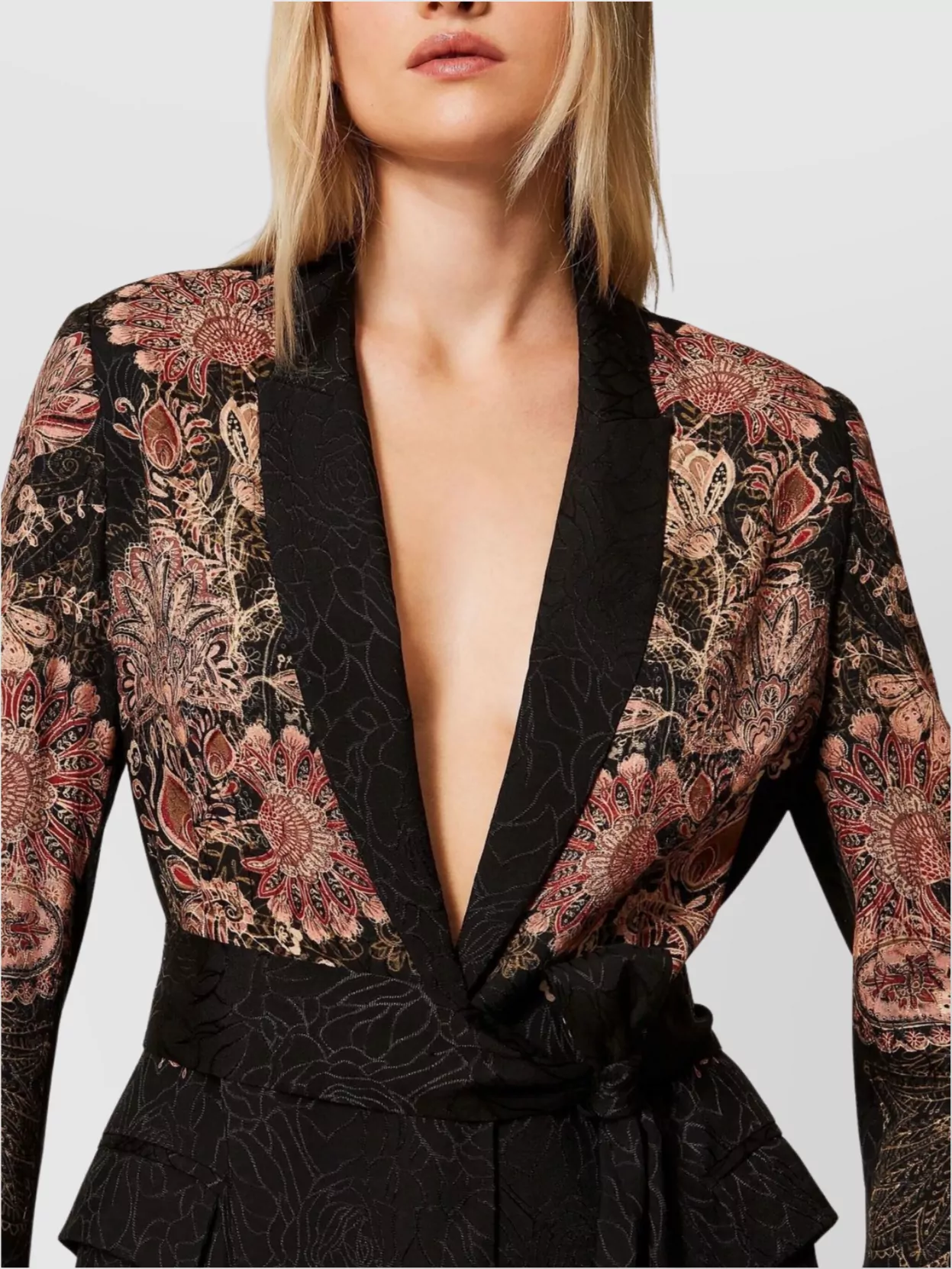 Twin-Set Floral Blazer With Belted Waist And Shawl Lapel