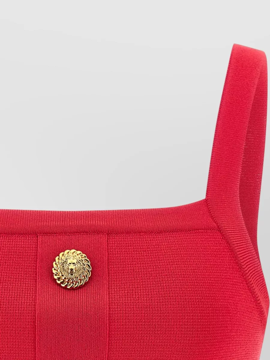 Balmain Ribbed Crop Top Gold Button Square Neckline
