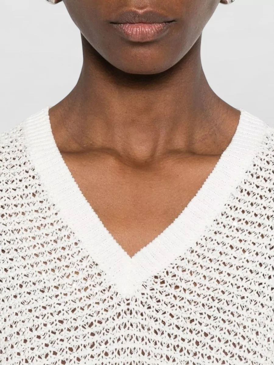 Fabiana Filippi Openwork V-Neck Short-Sleeve Sequin-Embellished Top