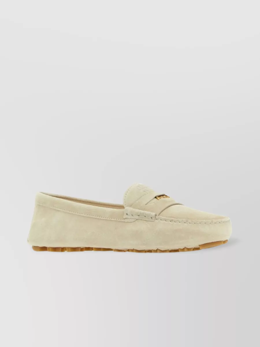 Shop Miu Miu Suede Loafers With Metal Detail And Penny Keeper In Cream