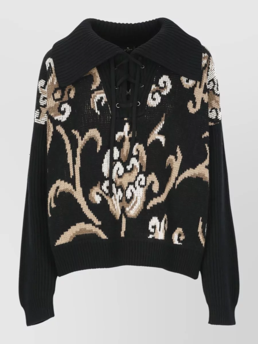 Etro wool intarsia floral lace-up sailor collar sweater