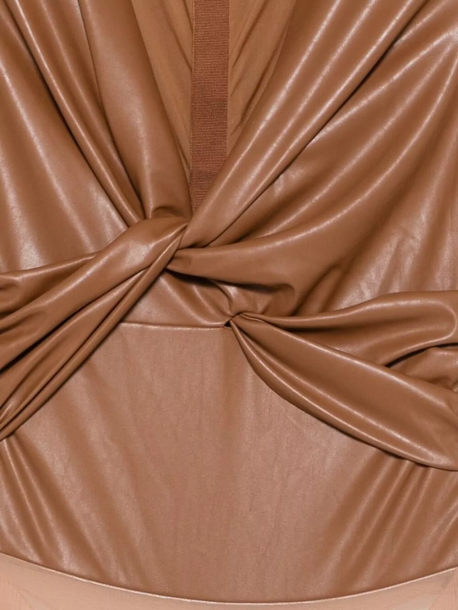 Elisabetta Franchi Faux-Leather Effect Twist-Detail V-Neck Long-Sleeve Bodysuit