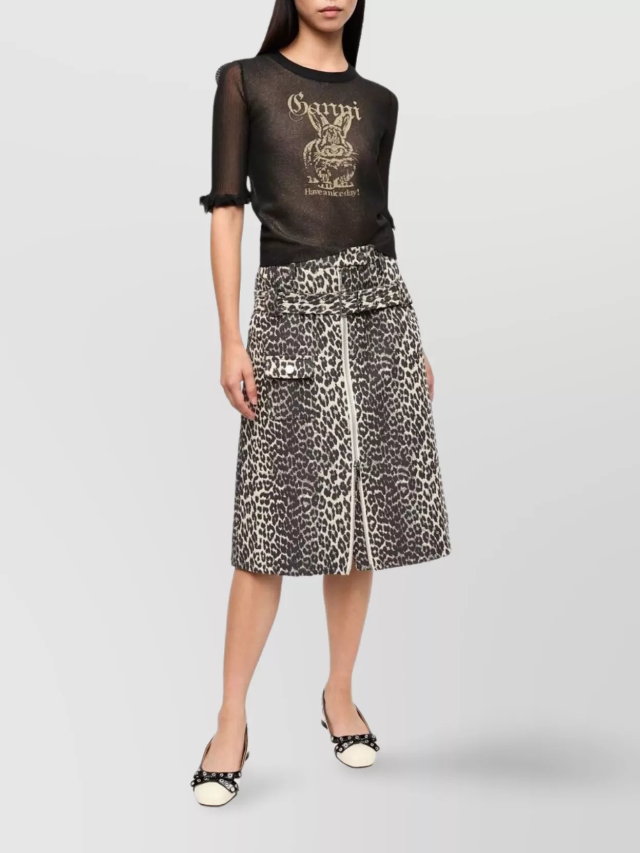 Ganni Graphic Print Sheer Knit Top With Ruffle Cuffs