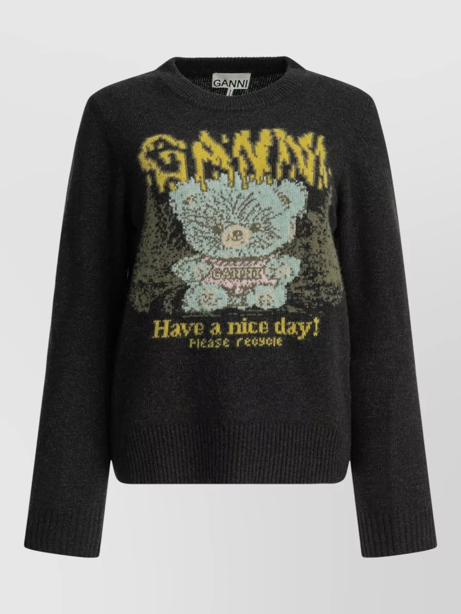 Ganni Wool graphic-print crewneck sweater