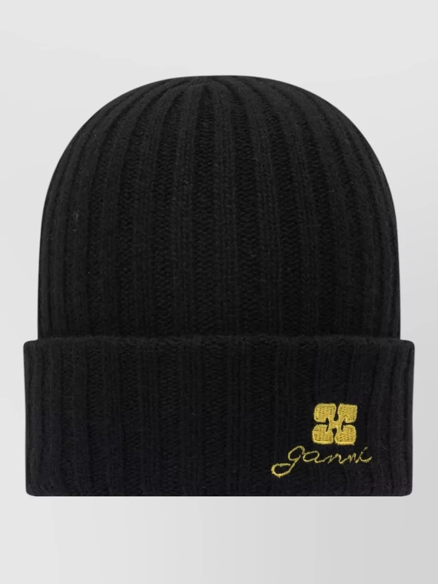 Ganni Wool Blend Beanie Hat Ribbed Cuff In Black