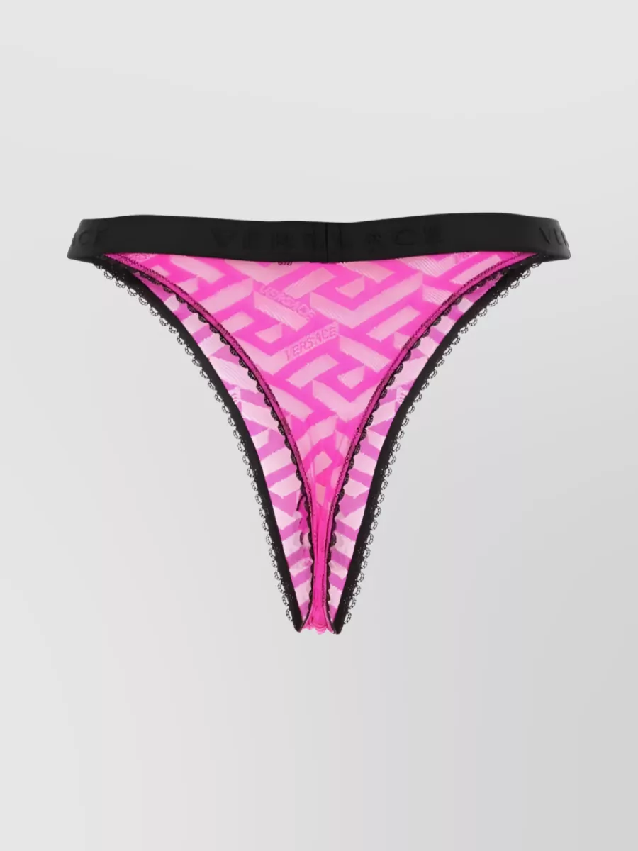 Shop Versace Sheer Mesh Monogram Thong With Logo Waistband In Pink