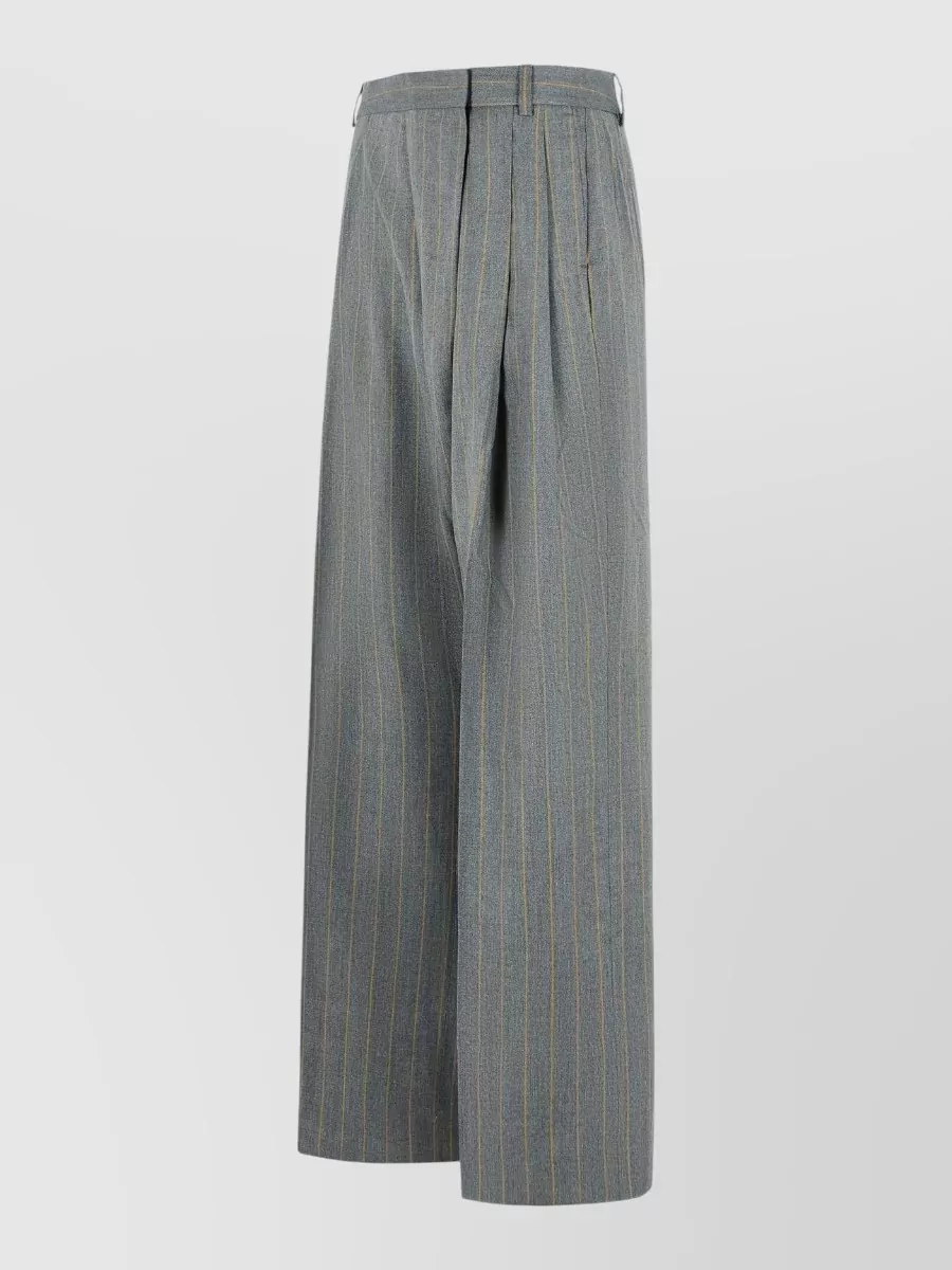 Ganni Wool Blend Striped Pleated Wide Leg Trousers