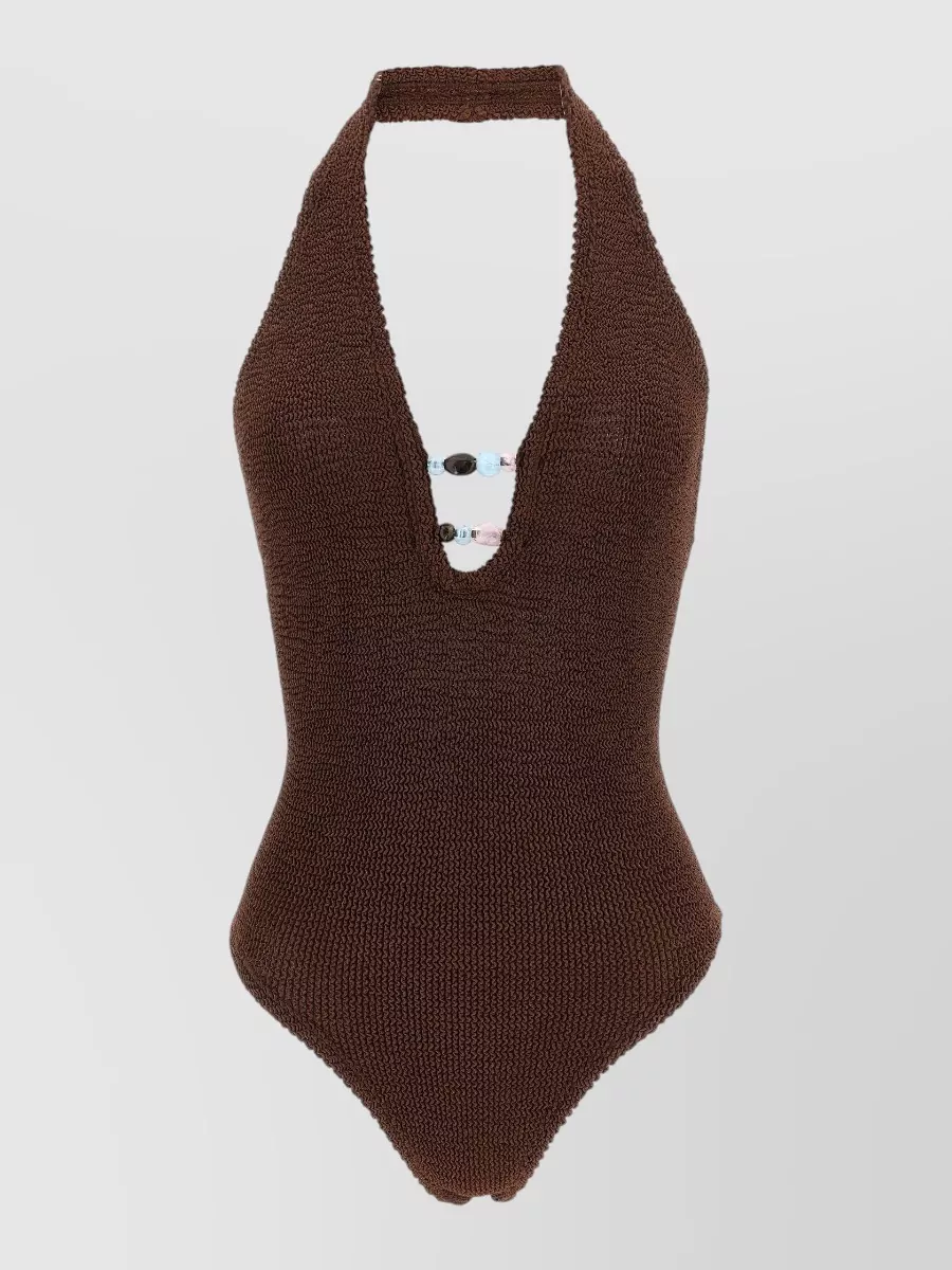 Hunza G Beaded Crinkle Halterneck One-Piece Swimsuit