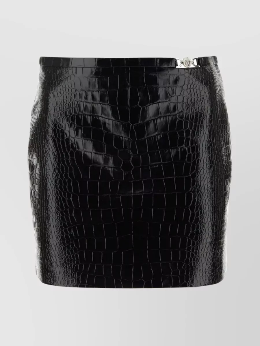 Shop Versace Waist-high Leather Skirt With Crocodile Motif In Black