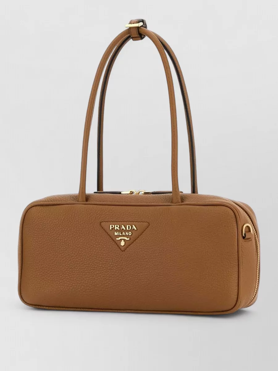 Prada Leather Shoulder Bag Double Handles Rectangular In Brown