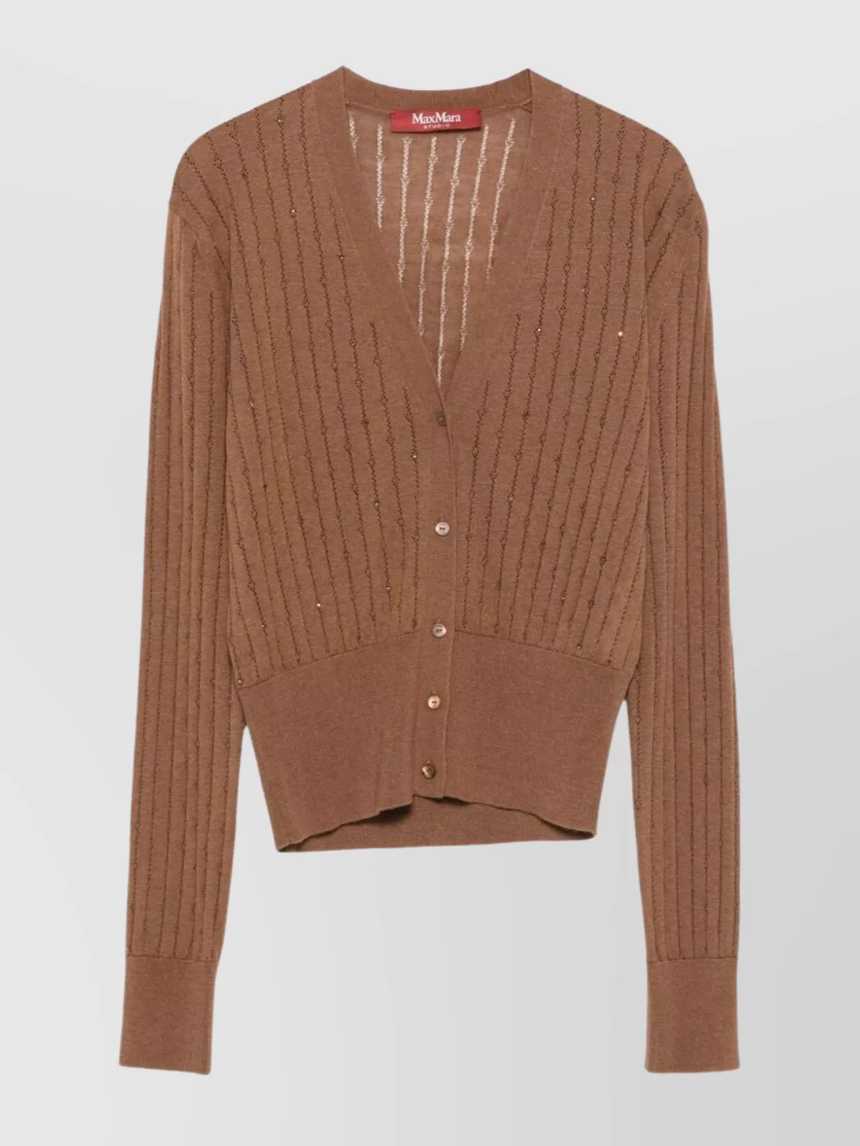 Max Mara Waist Fitted V-neck Ribbed Cardigan In Brown