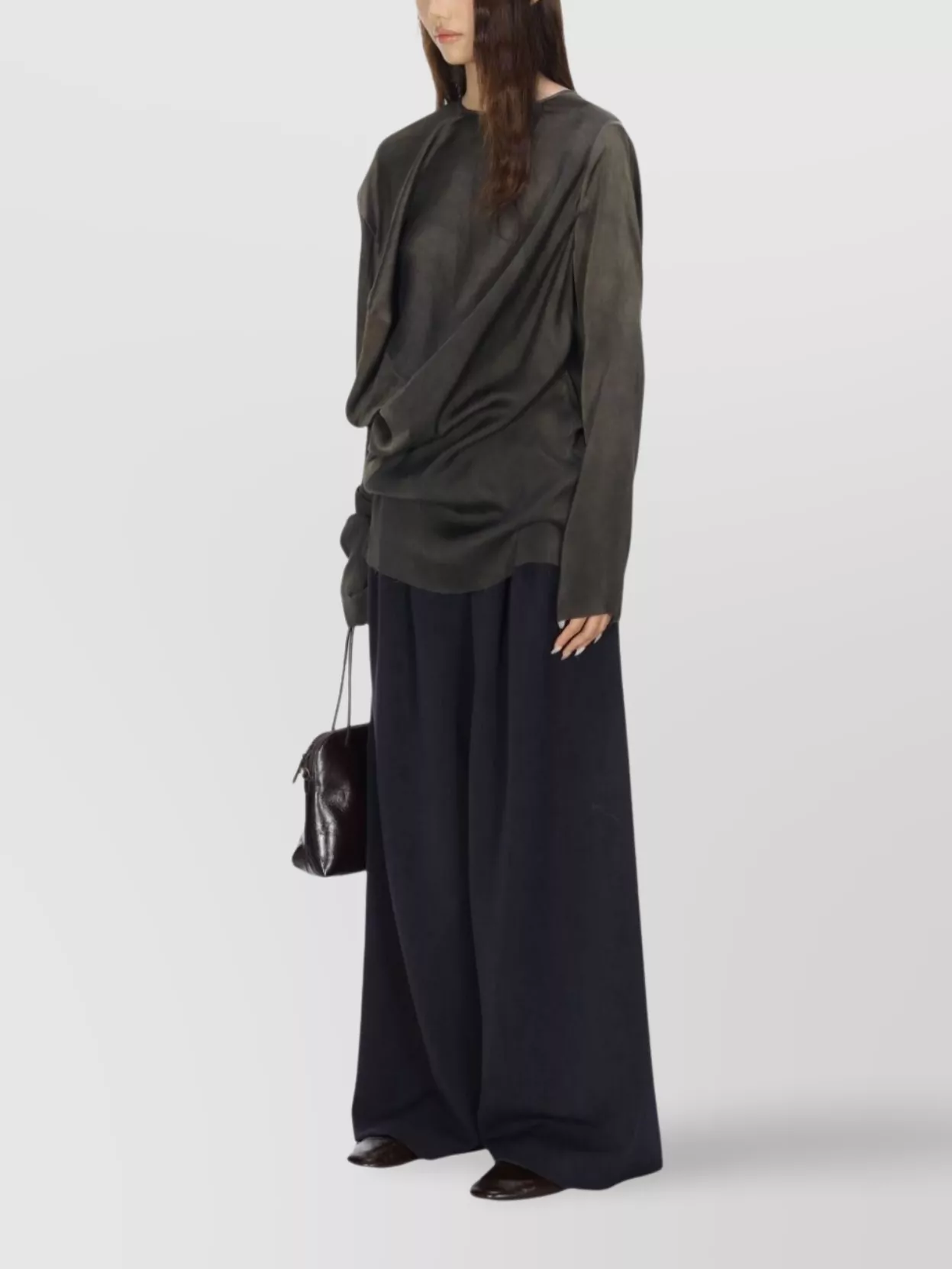 Uma Wang Asymmetric Draped Silk Blend Long Sleeve Top