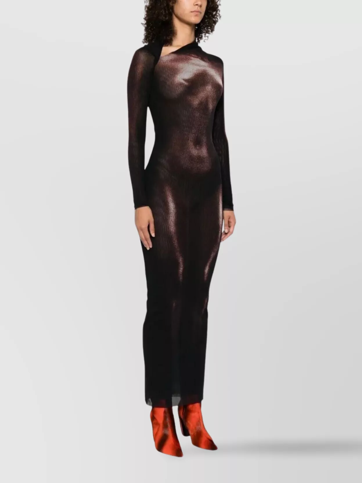 Jean Paul Gaultier Printed Mesh Asymetric Collar Long Dress