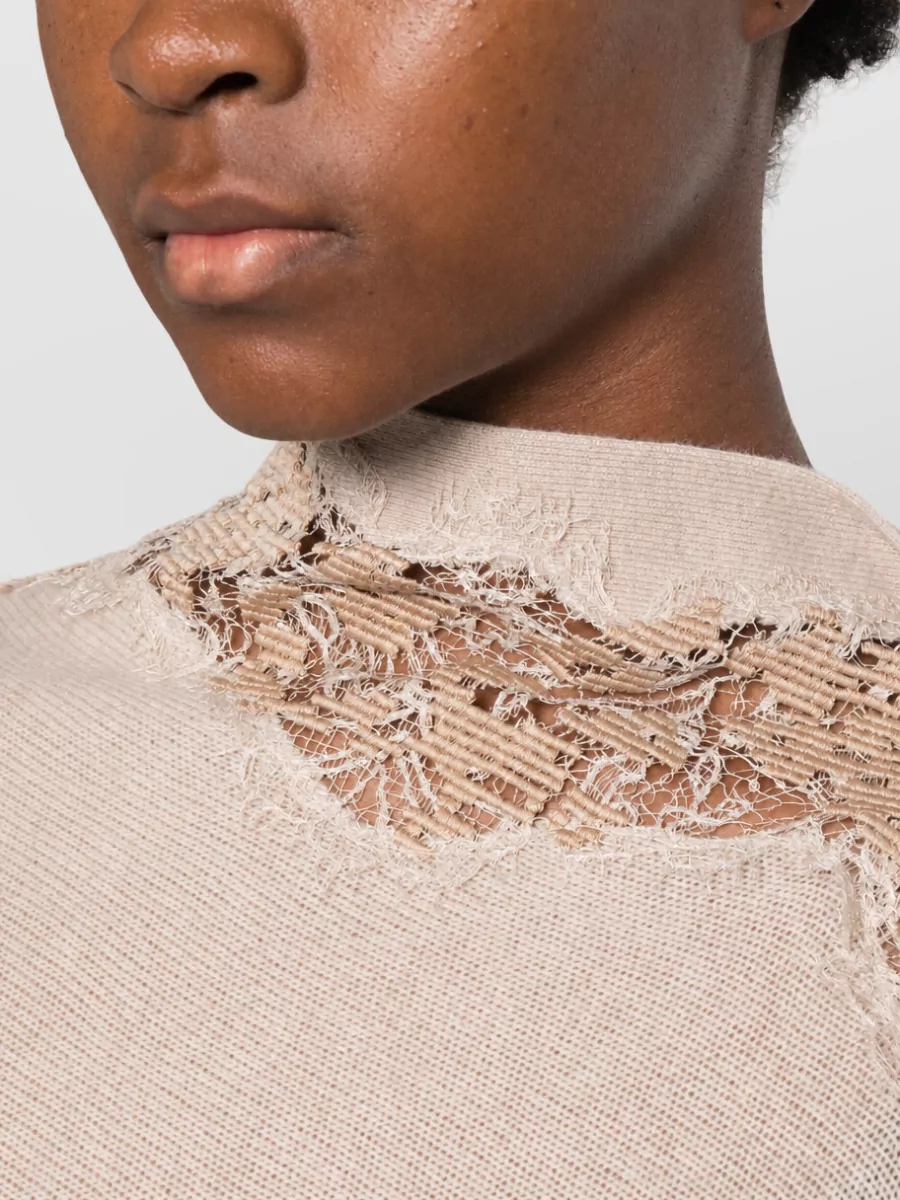Ermanno Scervino Cashmere Lace Trim High Neck Asymmetric Hem Draped Cape