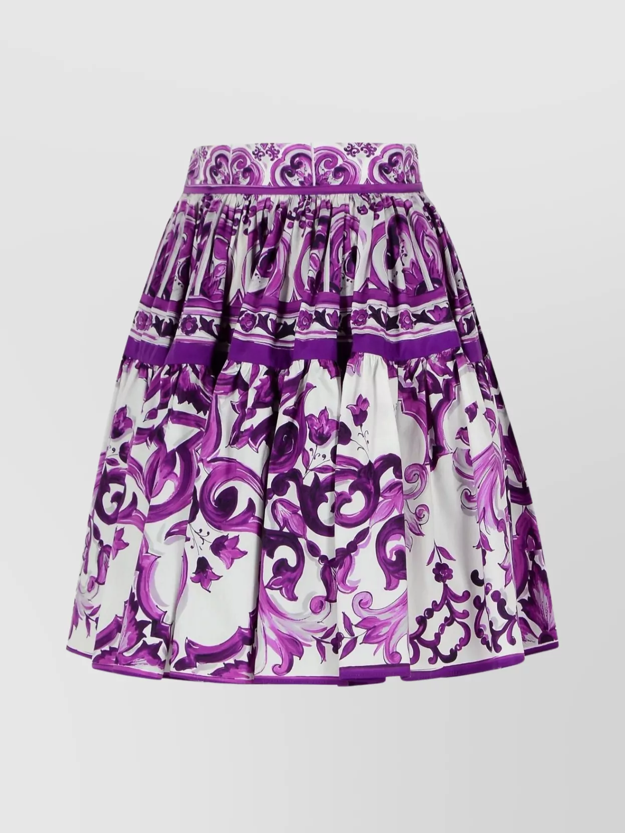 Dolce & Gabbana Violet Pleated Miniskirt With Rear Zip Closure And All-over Graphic Print In Cotton Woman In Purple
