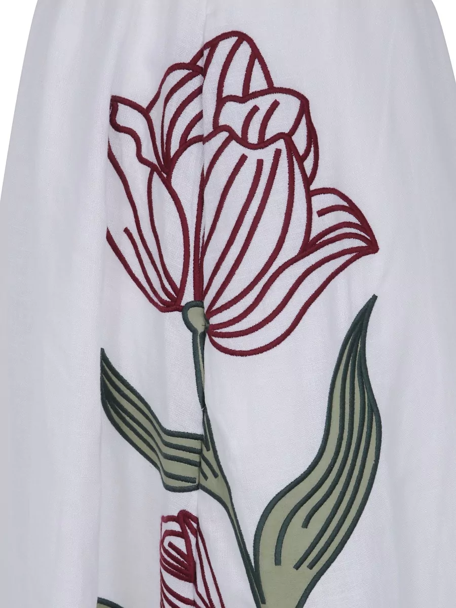 Farm Rio Linen Floral Embroidered Midi A-Line Skirt