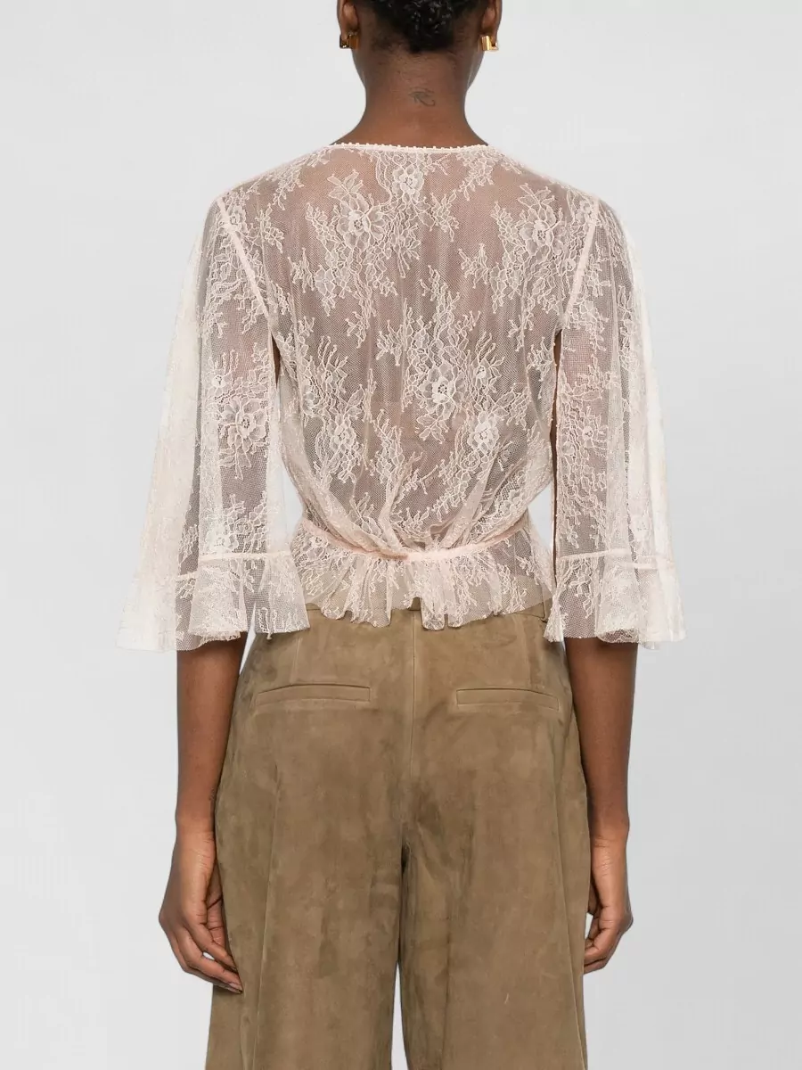 Alberta Ferretti Lace Cropped Top Sheer Flared Sleeves Drawstring