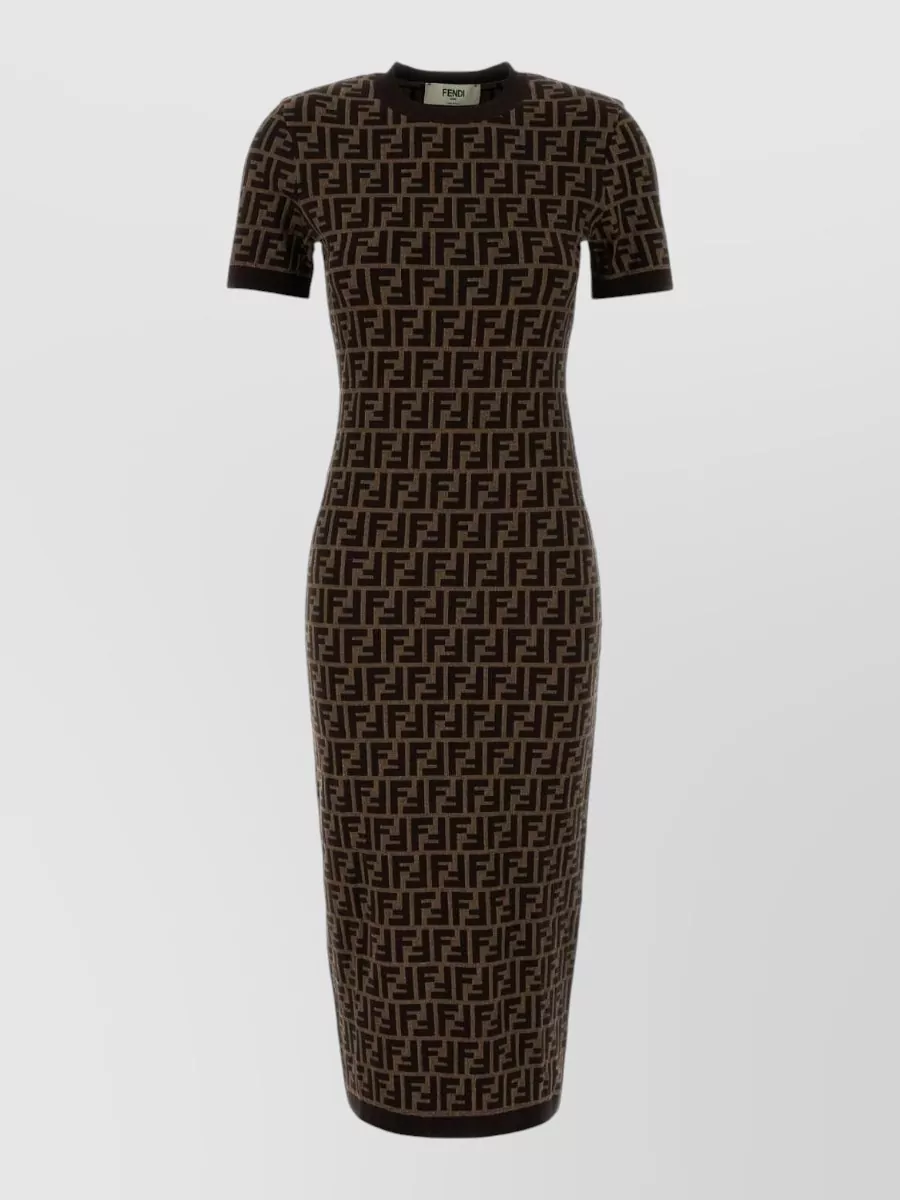 Fendi Stretch Cotton Blend Dress All Over Pattern In Brown
