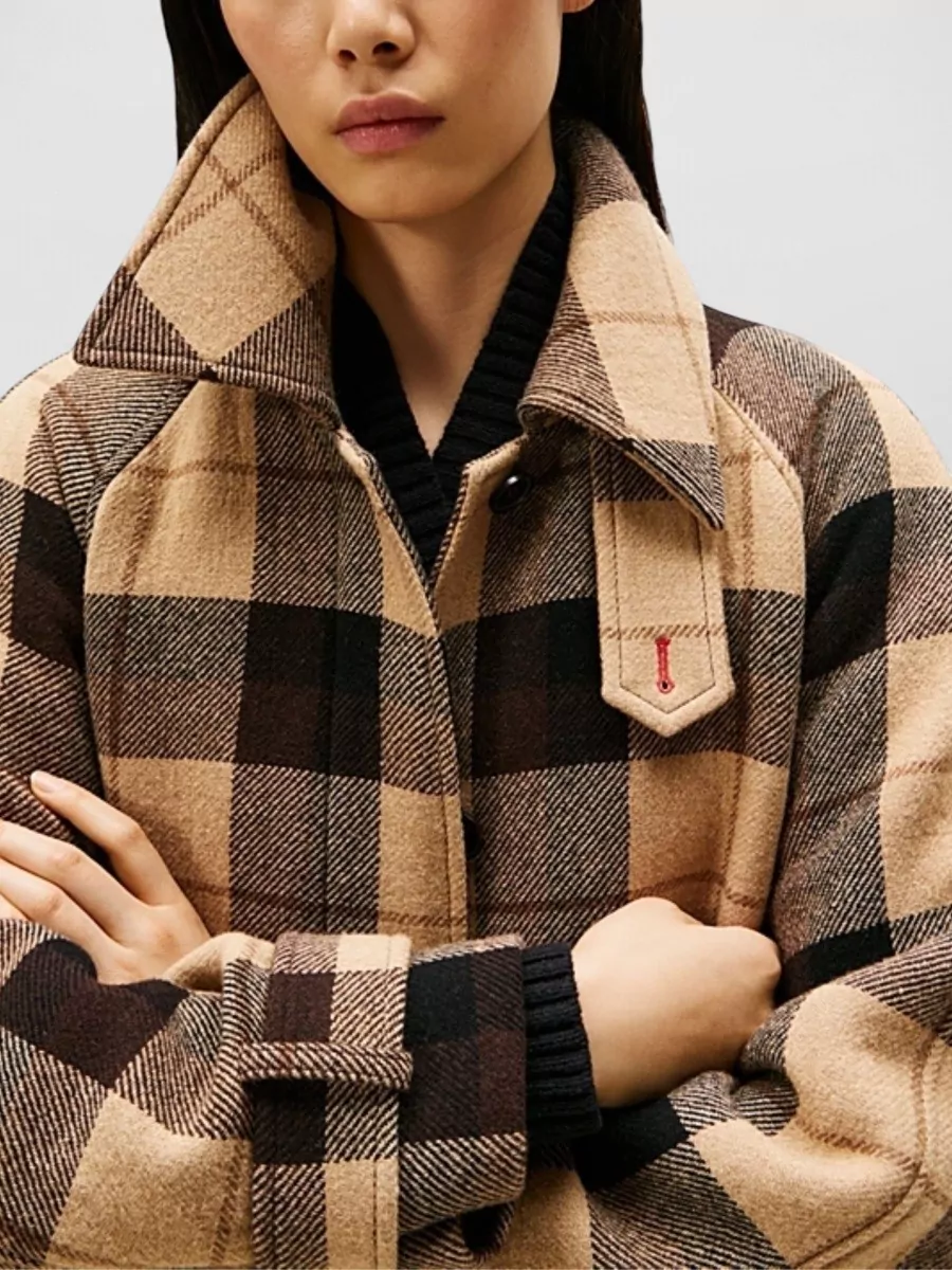 Tommy Hilfiger Long Check Pattern Belted Wool Coat