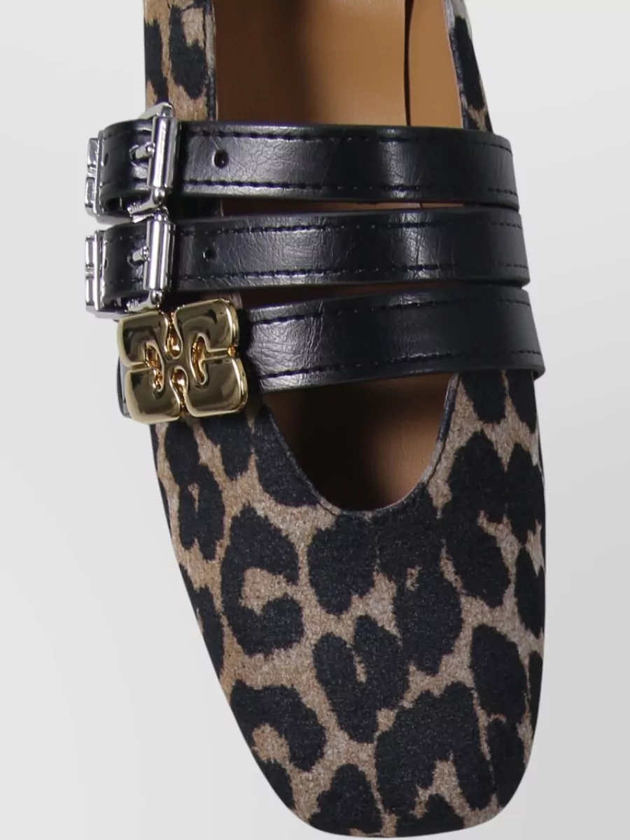 Ganni Triple Strap Denim Ballerina Shoes Animal