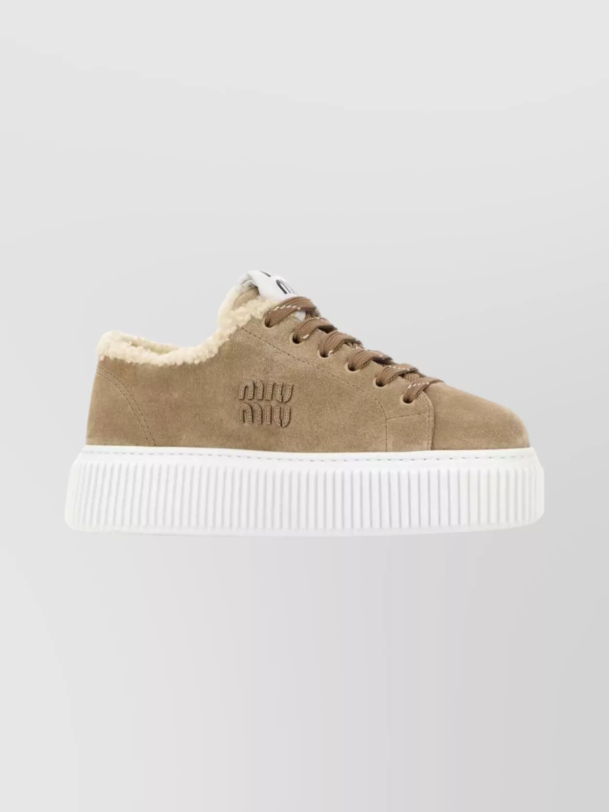 Miu Miu Suede Platform Sneakers Featuring Shearling Trim In Brown