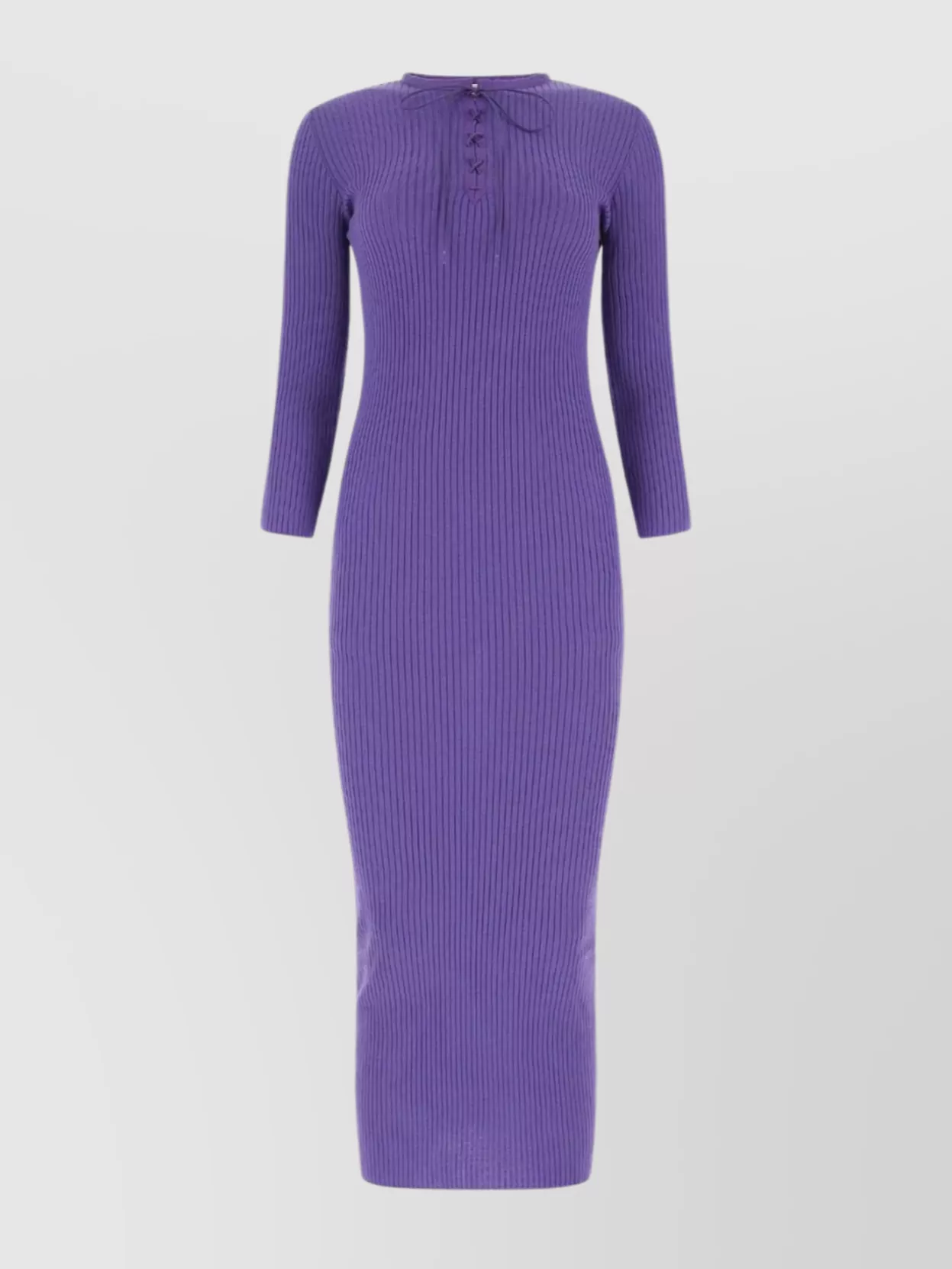 Shop Moschino Midi Length Ribbed Wool Dress With 3/4 Sleeves In Purple