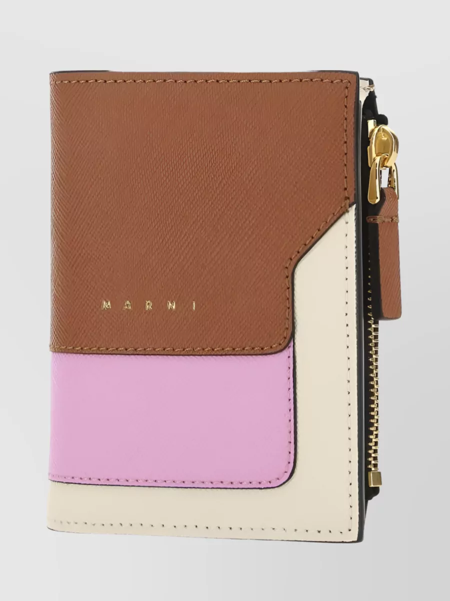 Shop Marni Grained Leather Bifold Wallet With Zip Compartment In Brown