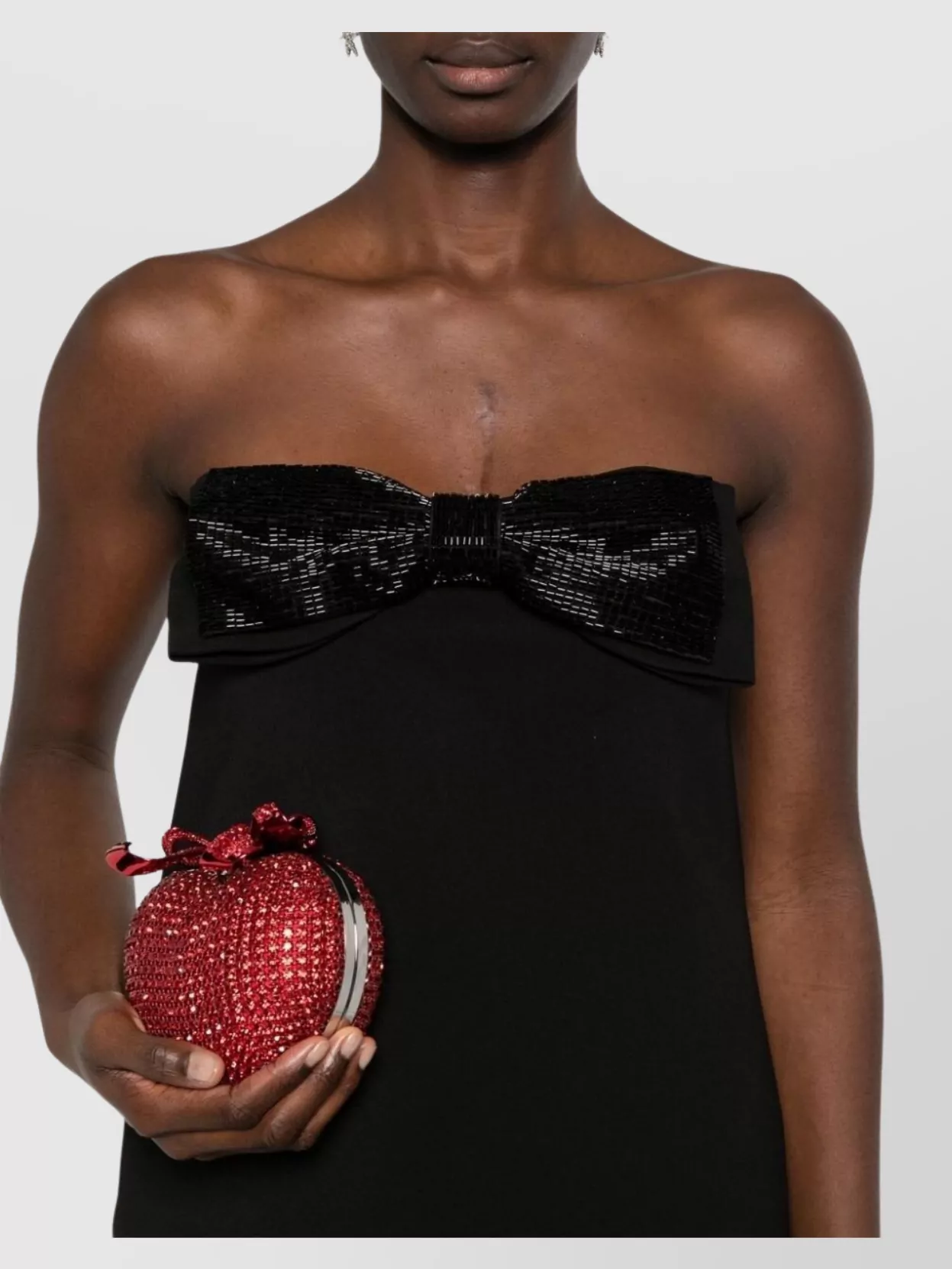 Self-portrait Black Sleeveless Mini Dress With Bandeau And Beaded Oversize Bow In Tech Fabric Woman