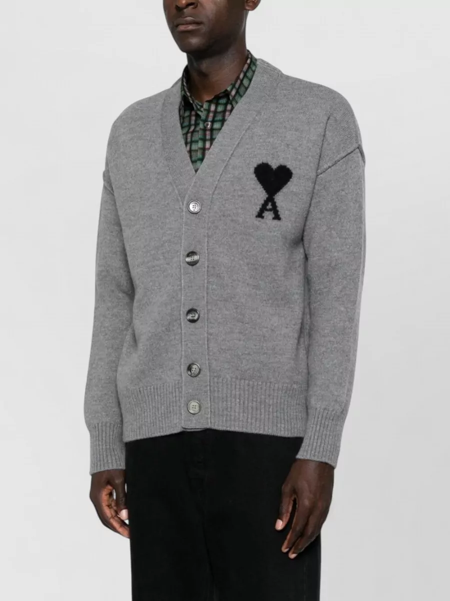 Ami Paris Wool V-Neck Ribbed Cardigan
