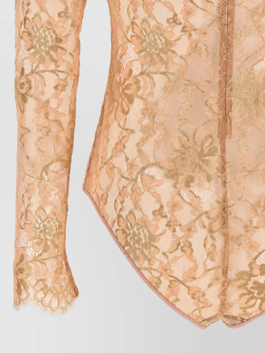 Valentino Garavani Floral Lace High-Neck Long-Sleeve Bodysuit