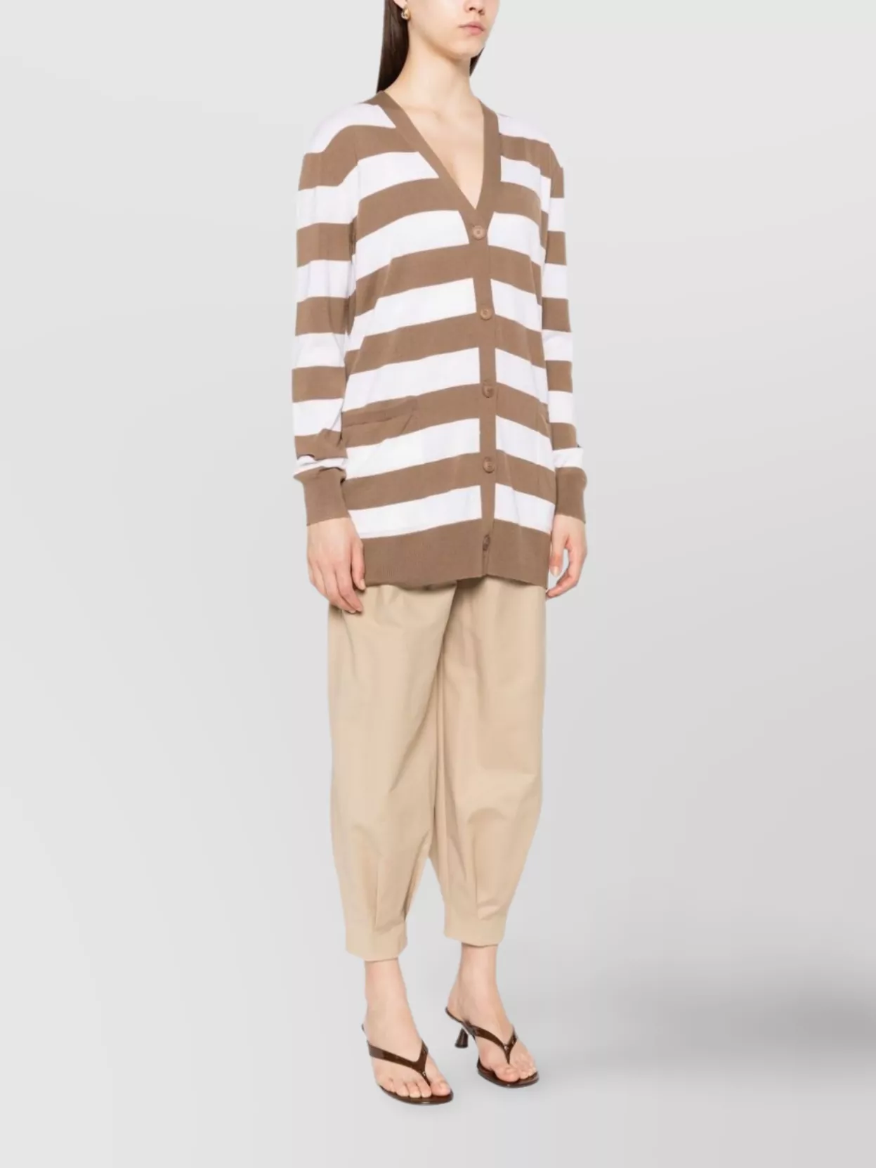 Max Mara Striped V-neck Cardigan With Front Patch Pockets In Brown
