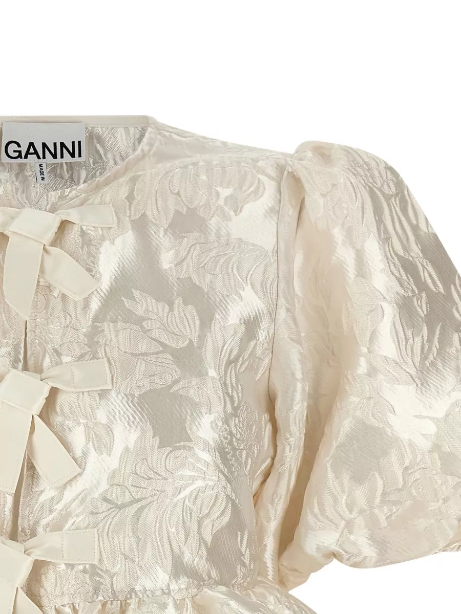 Ganni Satin Jacquard Peplum Short-Sleeve Blouse