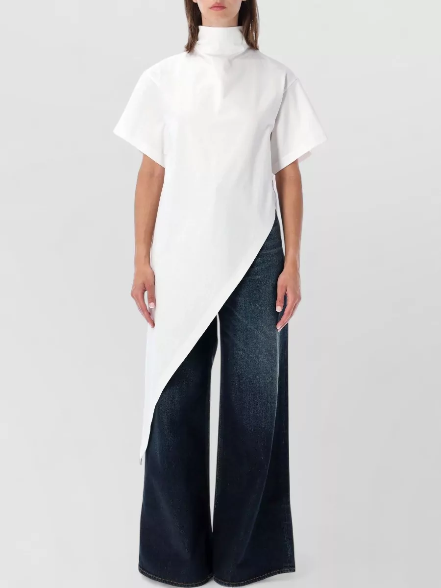 Alaïa Cotton Asymmetric High Neck Short Sleeve Shirt