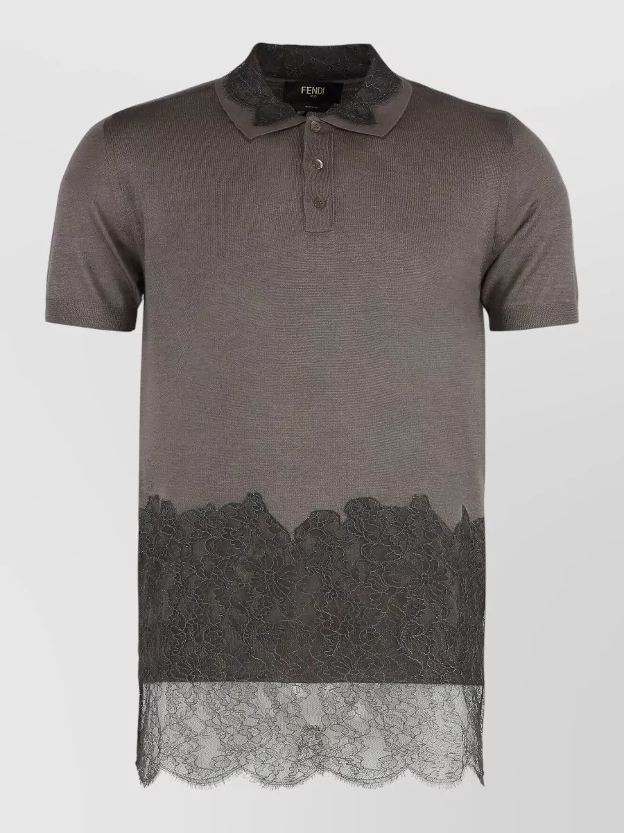 Fendi Cashmere silk lace appliqué short-sleeve polo shirt