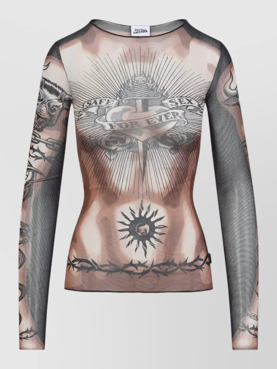 Jean Paul Gaultier Printed Mesh Long-Sleeve Top