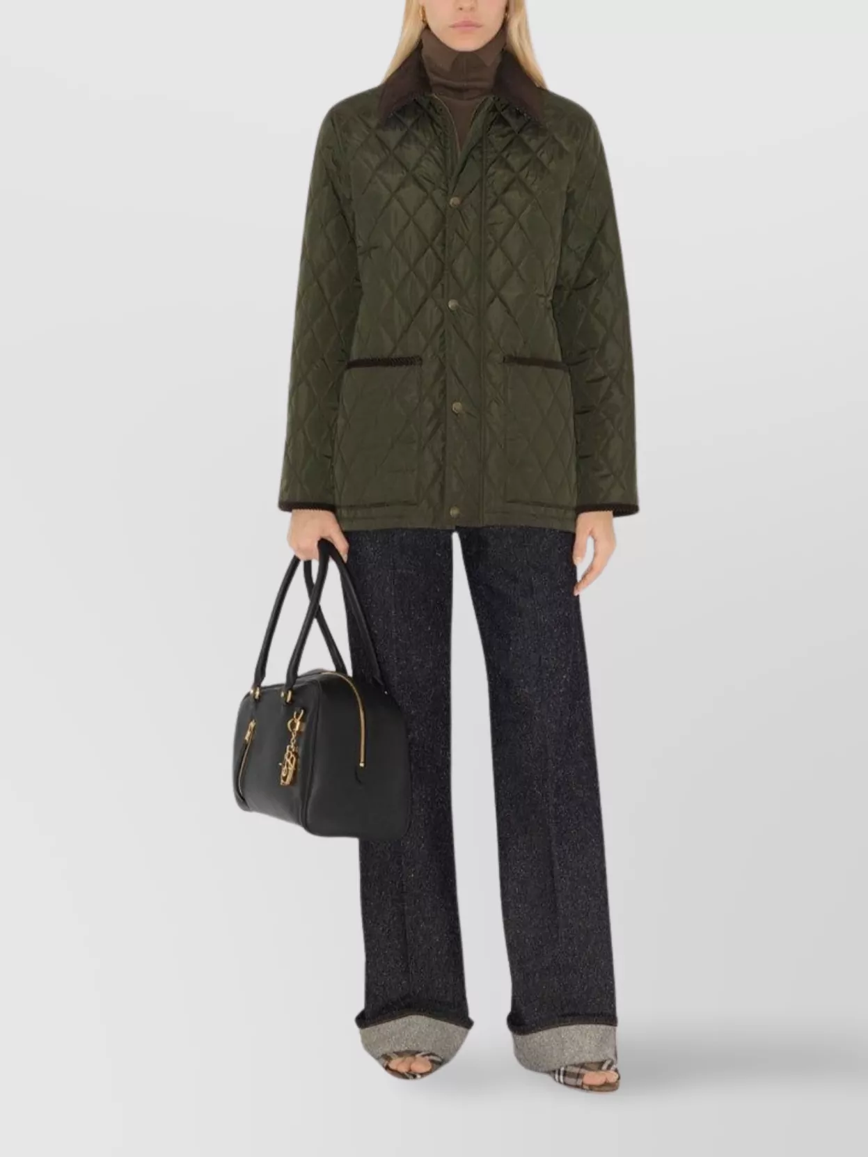 Burberry Quilted Nylon Barn Jacket With Corduroy Collar In Brown