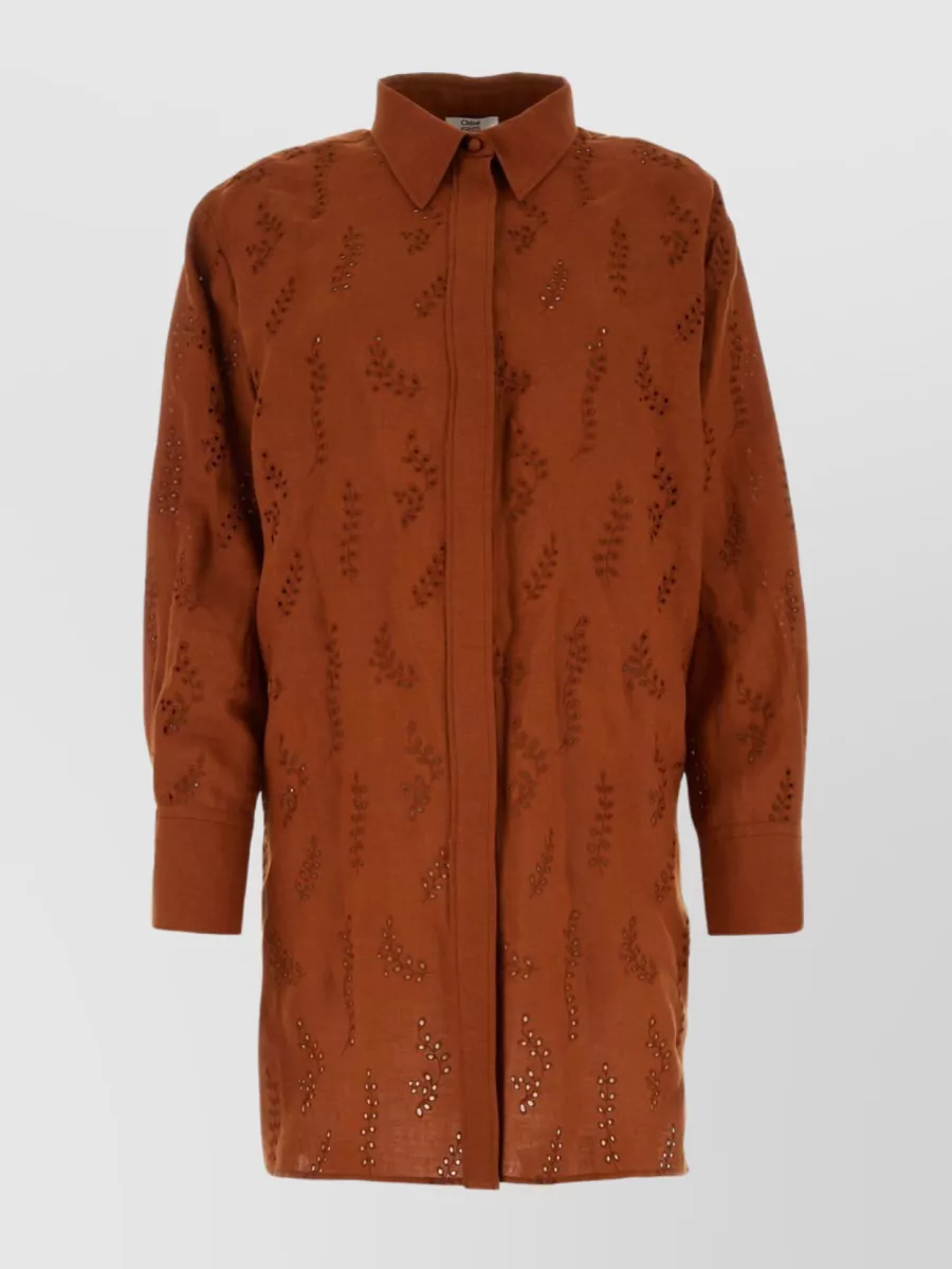 Shop Chloé Linen Oversize Shirt With Embroidered Accents In Brown