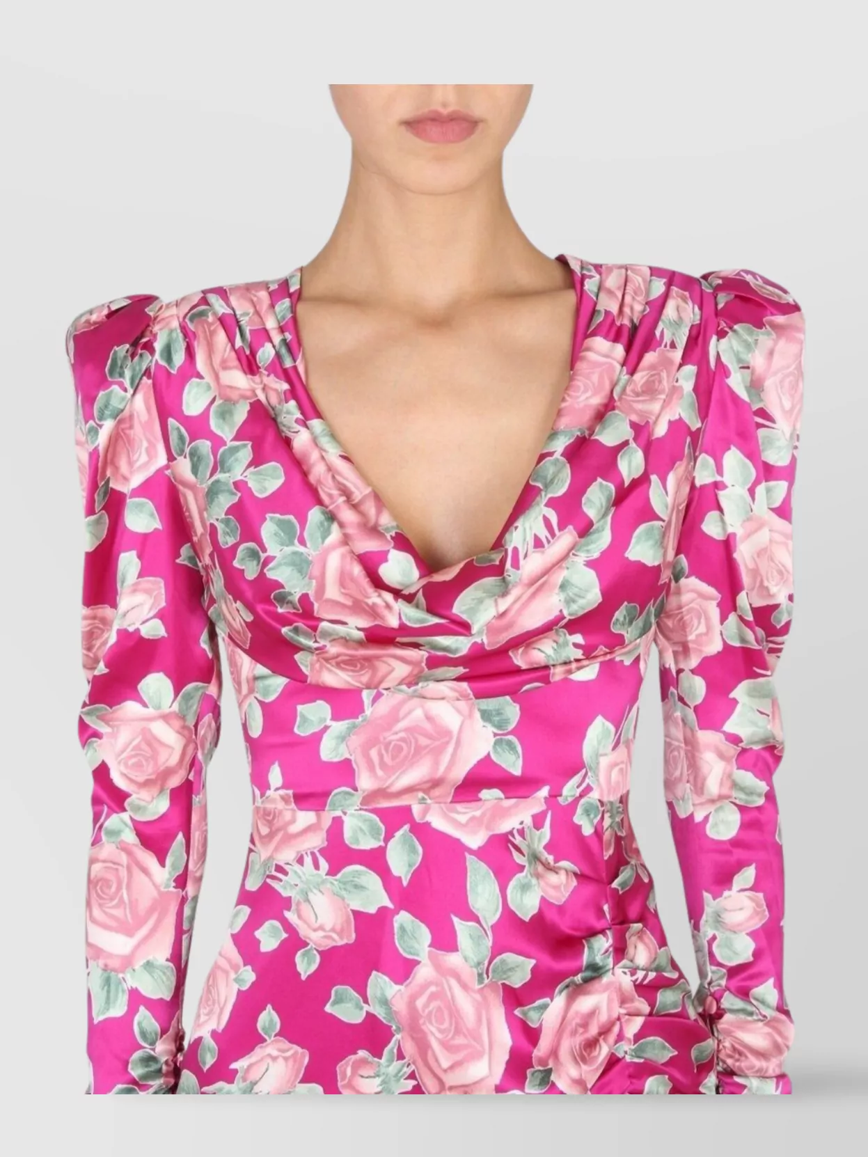 Alessandra Rich Satin Draped Neckline Dress With Floral Pattern