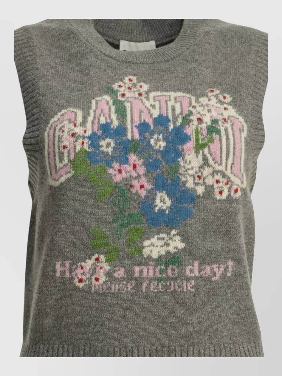 Ganni wool floral-print ribbed crewneck vest