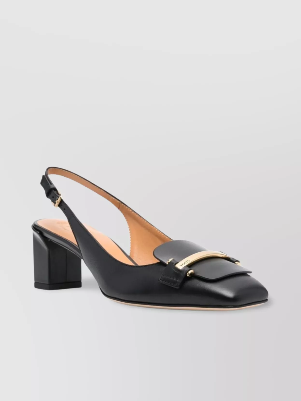Tod's Square Toe Block Heel Gold-tone Hardware Slingback In Black