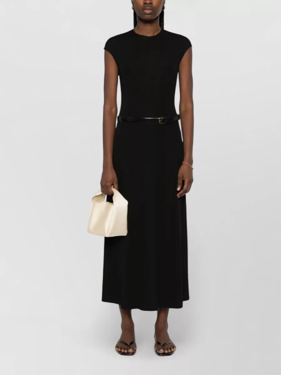 Totême Midi Dress Belted Waist Crew Neck In Black