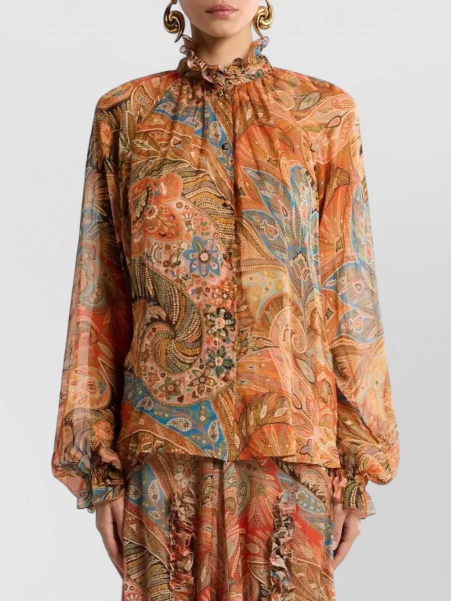 Etro Silk Paisley Ruffled Long-Sleeve Blouse