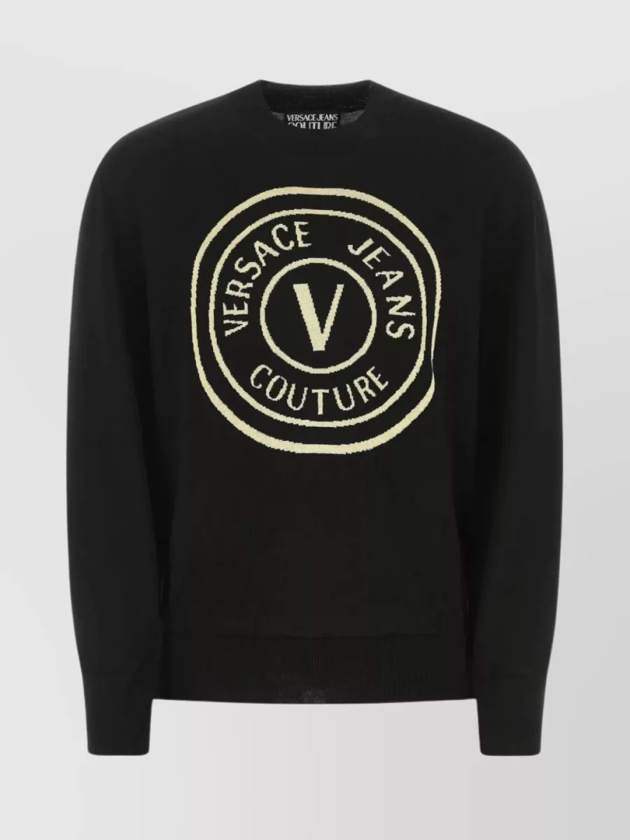 Shop Versace Jeans Ribbed Crewneck Wool Knit In Black