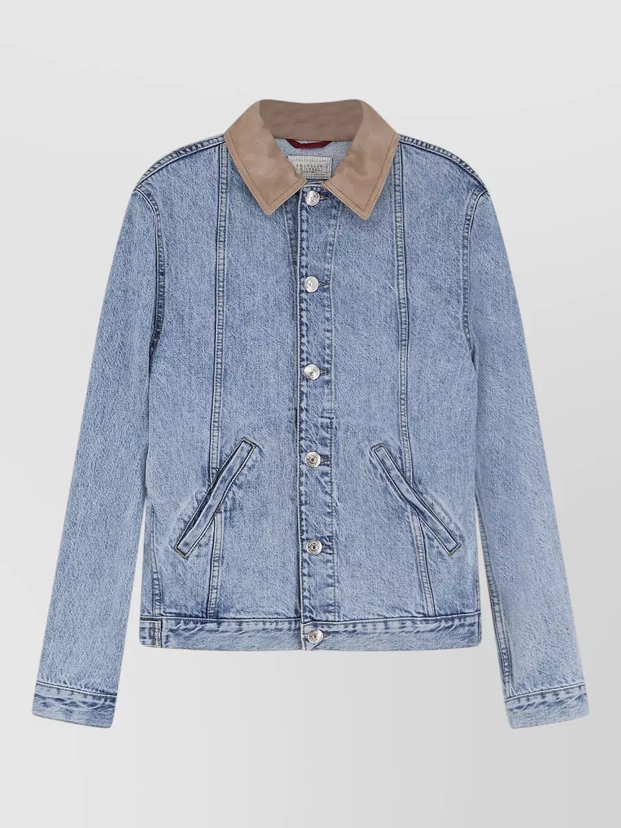 Brunello Cucinelli denim jacket suede collar long sleeves