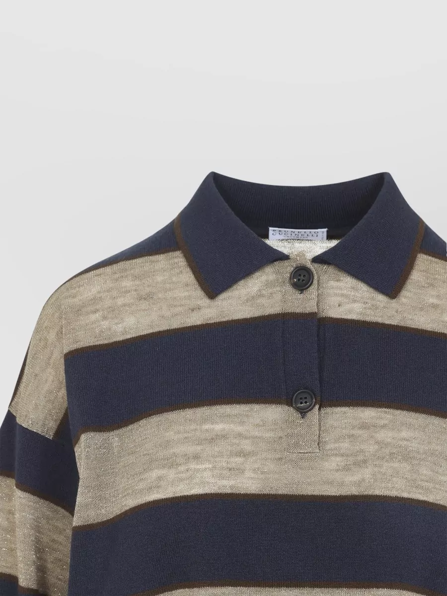 Brunello Cucinelli Wool Cashmere Silk Striped Cropped Long-Sleeve Polo Top