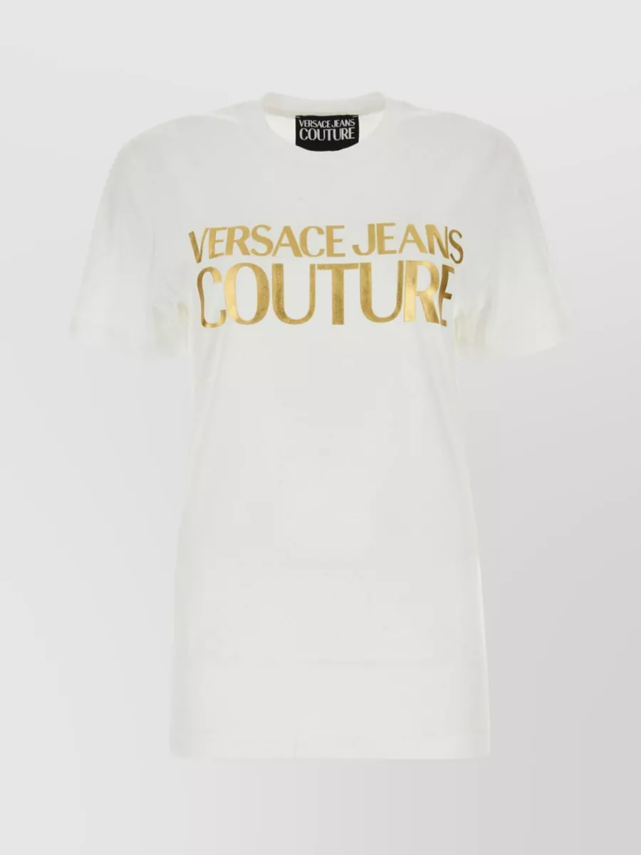 Shop Versace Jeans Logo Print Crew Neck Cotton T-shirt In Yellow