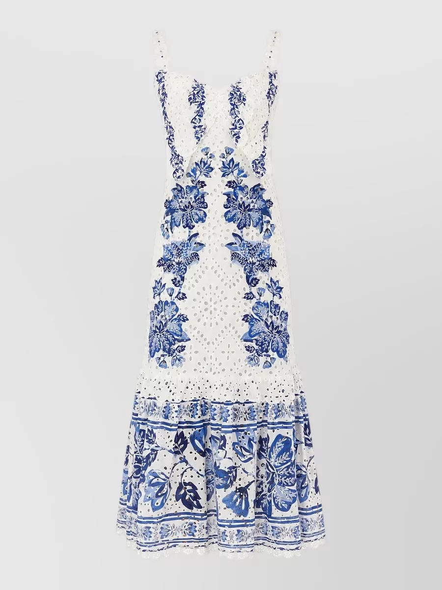 Farm Rio Cotton Broderie Anglaise Sleeveless Sweetheart Neck Tiered Midi Beach Dress